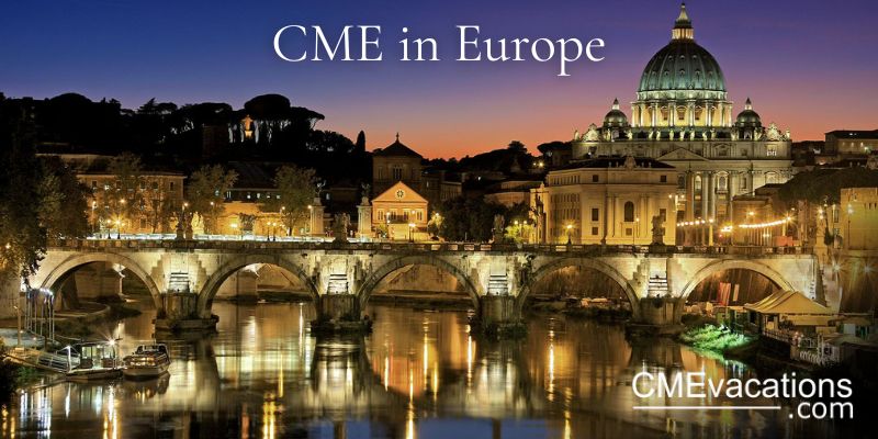A cityscape of Rome at dusk, featuring the Vatican and a bridge over a river.