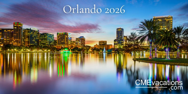 Orlando skyline lakefront at sunset with palm trees and holiday lights 2026