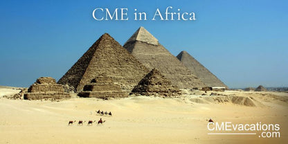 Pyramids of Giza with camels in the foreground under a clear blue sky