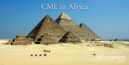 Pyramids of Giza with camels in the foreground under a clear blue sky
