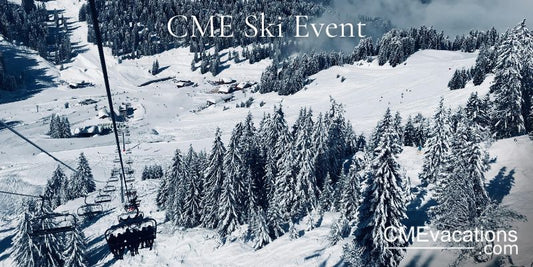 A snowy mountainous landscape with ski slopes and lifts, indicating a ski resort environment.