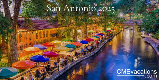 San Antonio River Walk colorful umbrellas and waterfront dining evening 2025