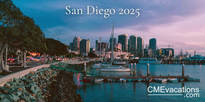 San Diego harbor skyline with sailboats at dusk 2025