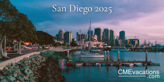 San Diego harbor skyline with sailboats at dusk 2025